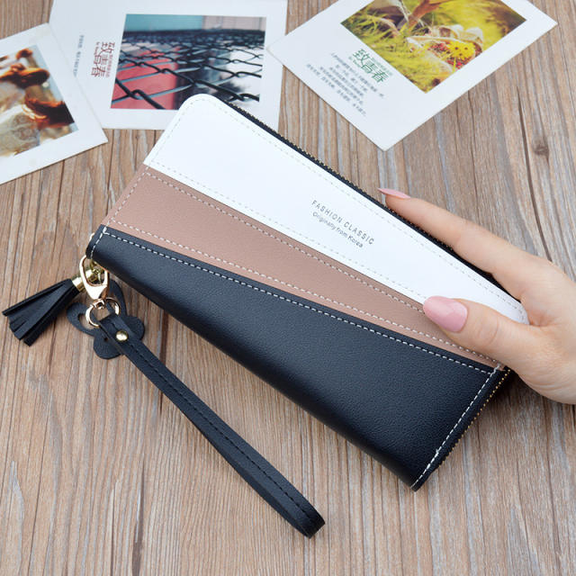 Long style stitching color zipper tassel purse