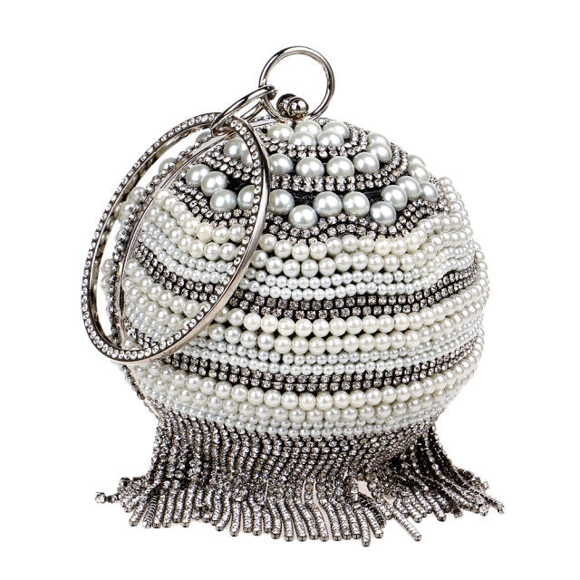 Luxury pearl beads rhinestone tassel ball shape evening bag