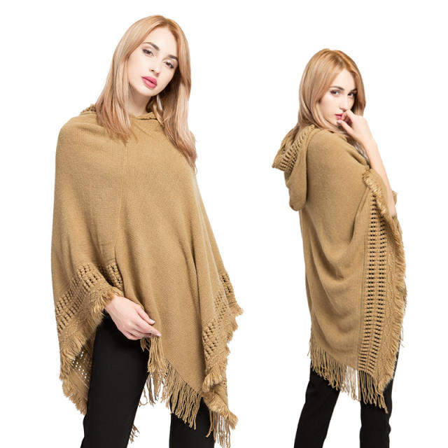 Autumn and winter plain color knitted tassel shawl