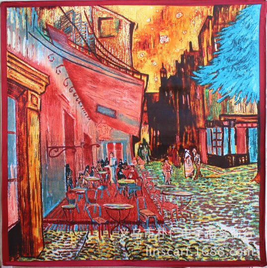 Van Gogh cafe satin oil painting stain square scarf
