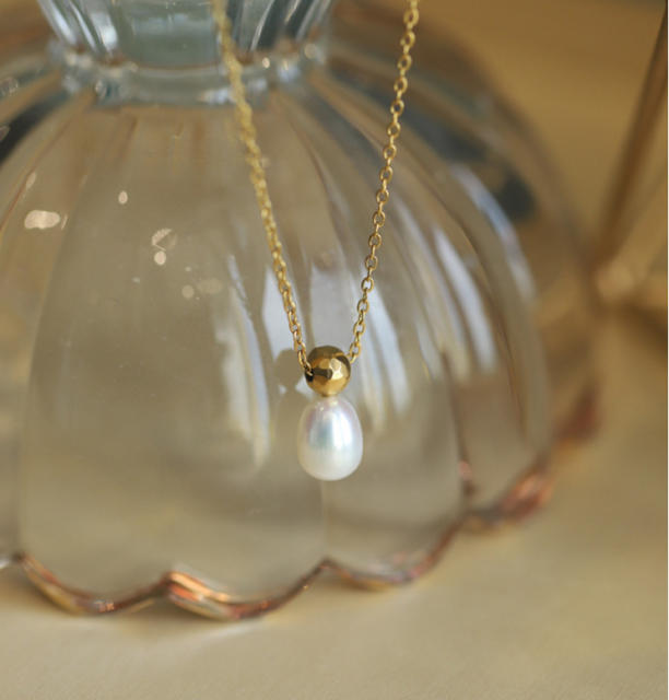 18KG water pearl pendant stainless steel necklace