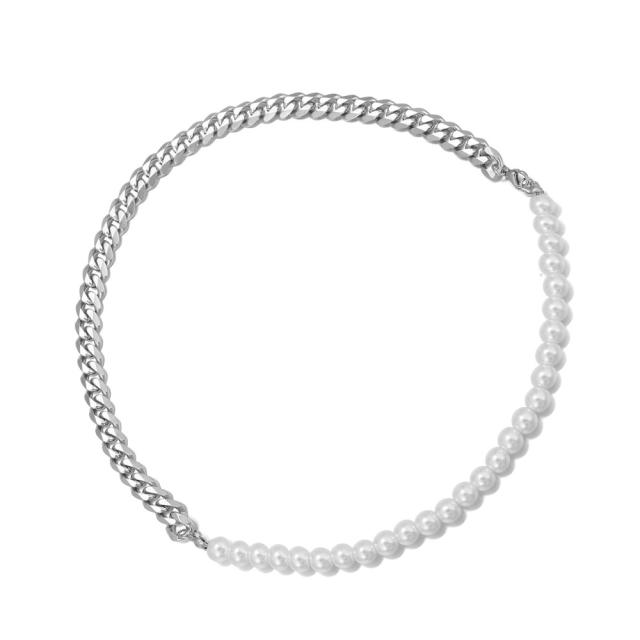 Stainless steel cuban link chain pearl choker necklace