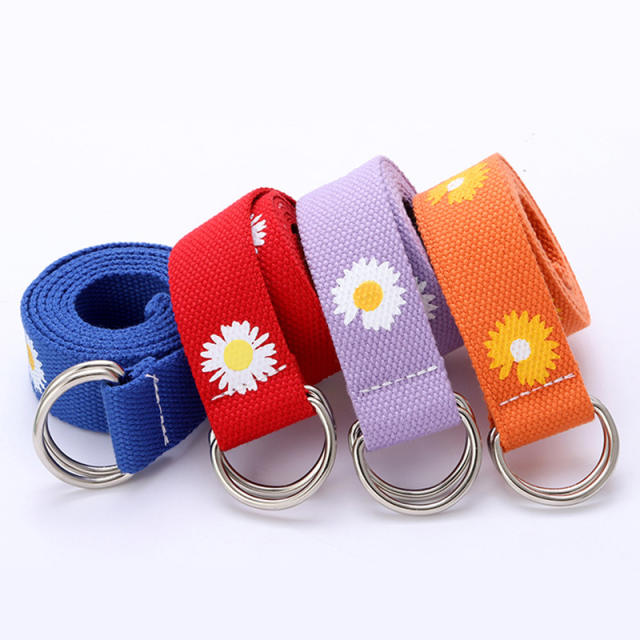 Canvas colorful daisy flower D ring belt