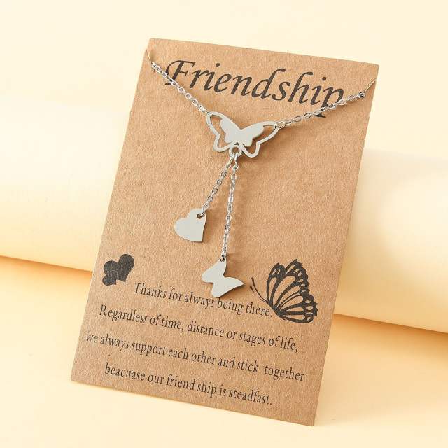 Stainless steel butterfly tassel friends card necklace