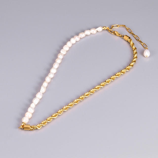 Half pearl half rope chain stainless steel necklace