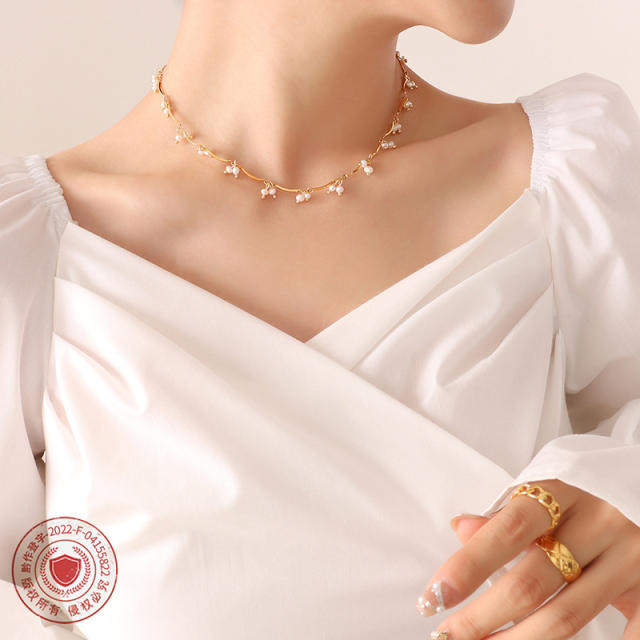 Chic water pearl beads stainless steel choker necklace