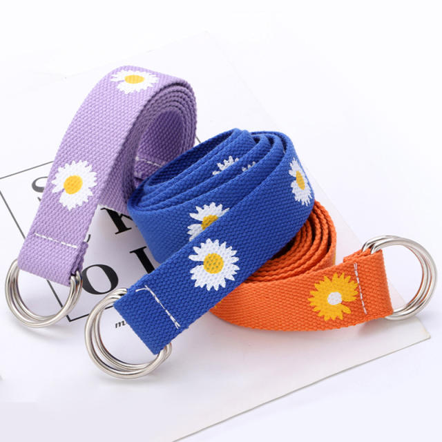 Canvas colorful daisy flower D ring belt