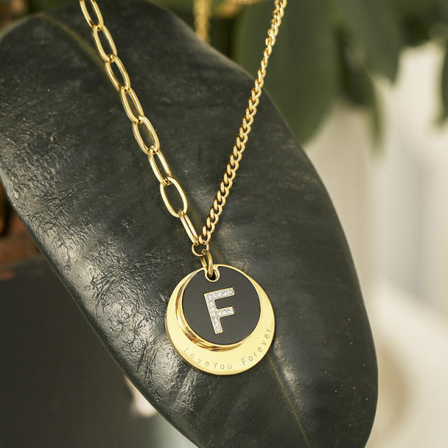 Enamel round diamond F letter necklace