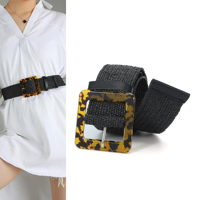Leopard grain square buckle straw belt