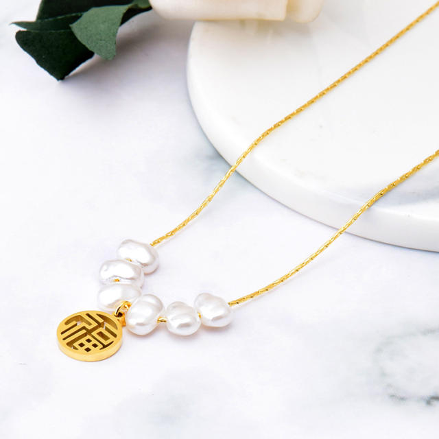 Baroque pearl chinese FU letter pendant necklace