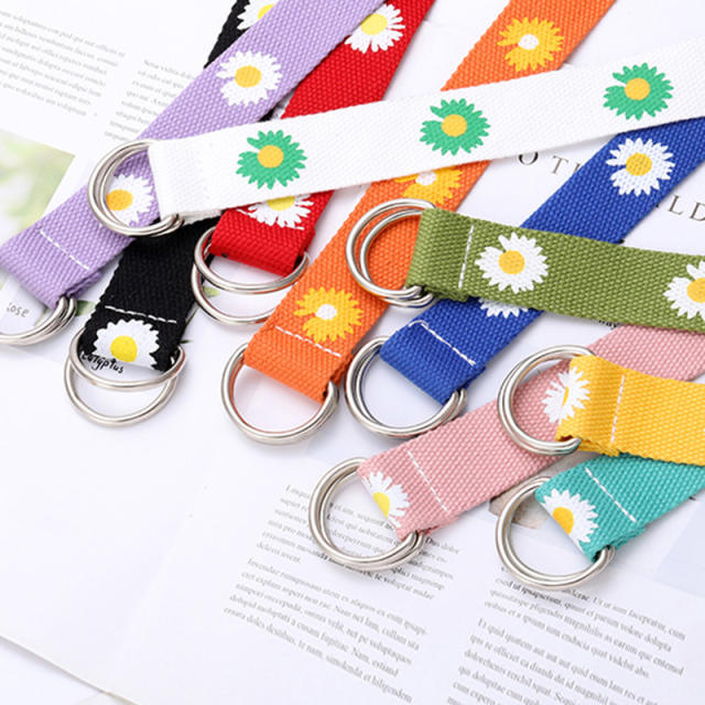 Canvas colorful daisy flower D ring belt
