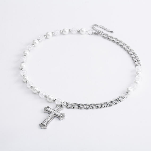 Punk cross pendant stainless steel chain pearl necklace