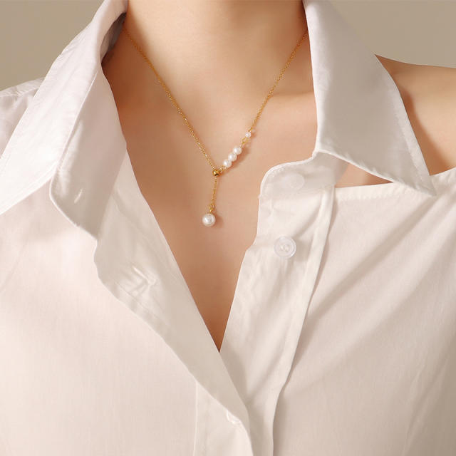 Faux pearl stainless steel lariet necklace