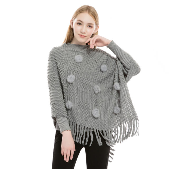 Autumn winter knitted fluffy ball warm shawl for women