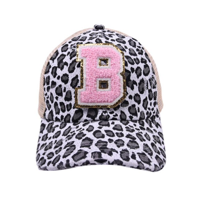 2022 summer pink color initial letter leopard baseball cap for ponytail