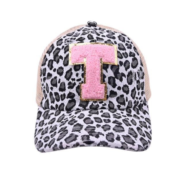 2022 summer pink color initial letter leopard baseball cap for ponytail