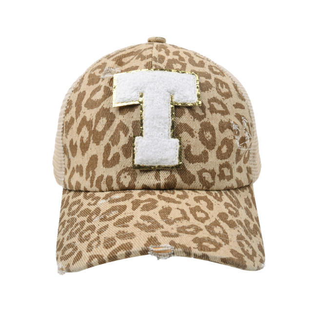 Leopard pattern initial letter ponytail baseball cap