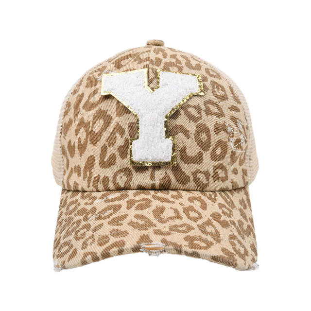 Leopard pattern initial letter ponytail baseball cap