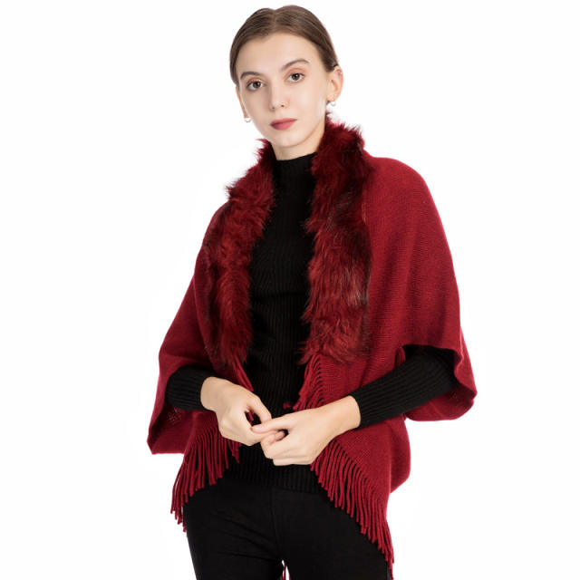 New imitation fox fur collar warm monochrome knitted shawl for women
