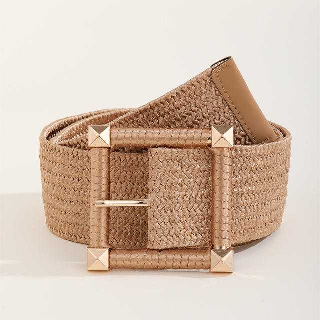 Vintage straw square buckle belt for women