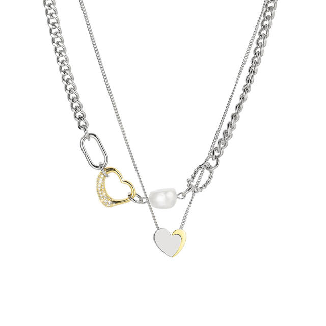 Stainless steel water pearl two layer heart necklace