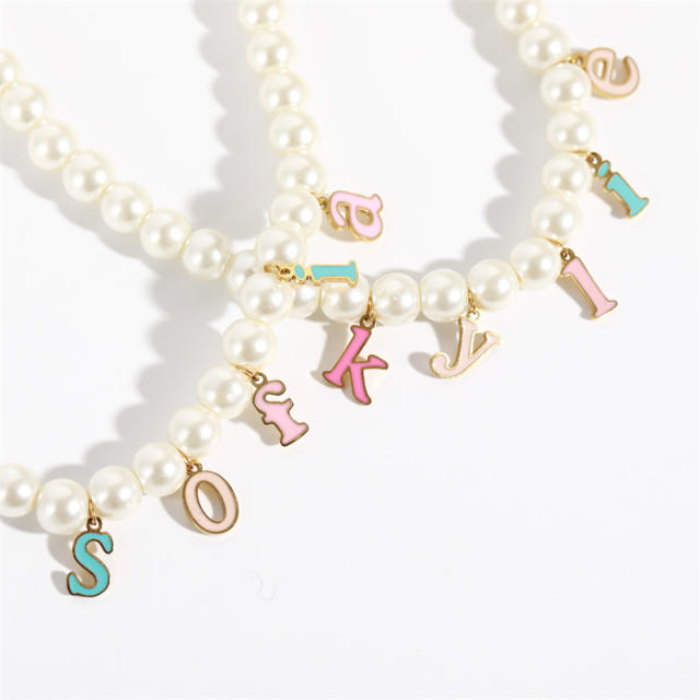 INS candy color enamel inital later pearl necklace
