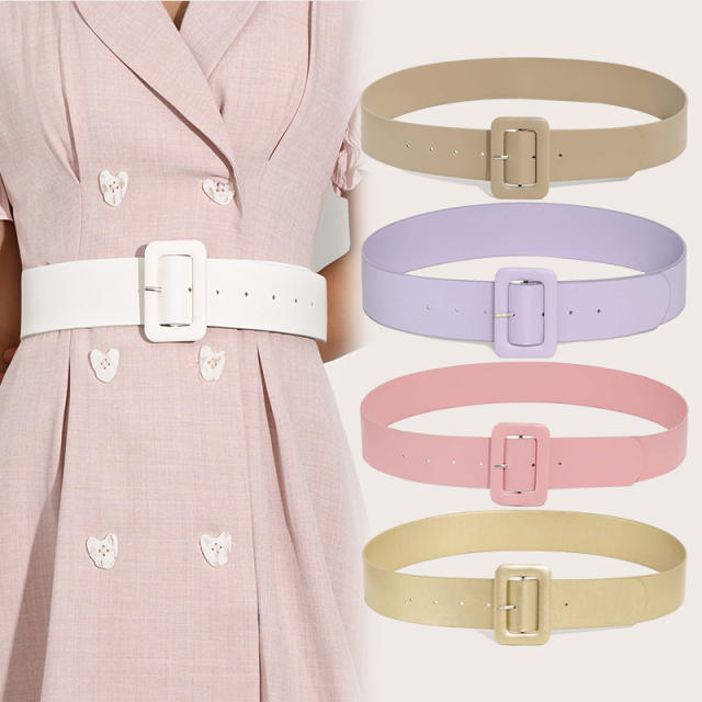 Concise plain color square buckle belt for women