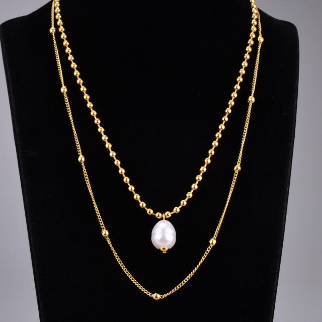 18KG two layer stainless steel beaded chain pearl necklace