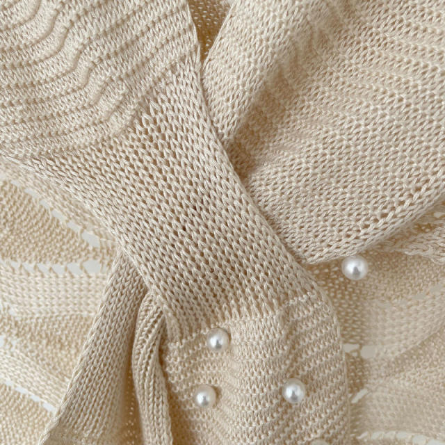 Spring summer pearl beads knitted shawl scarf