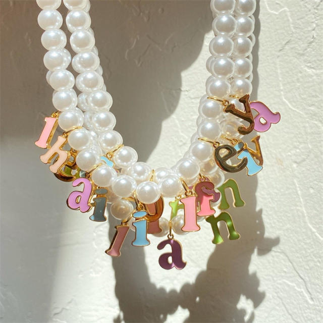 INS candy color enamel inital later pearl necklace