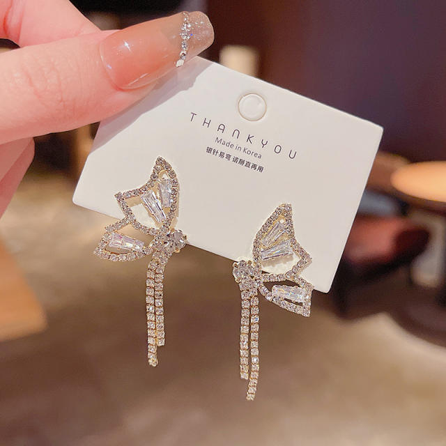 925 silver needle butterfly zircon tassel earrings