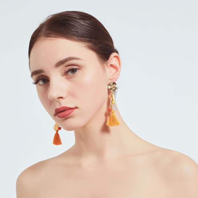 Metal wafer thread tassel earrings