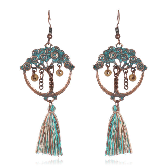 Retro tree thread hoop tassel earrings