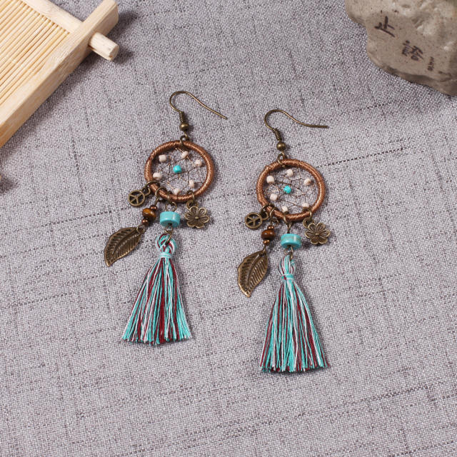 Retro turquoise thread tassel earrings