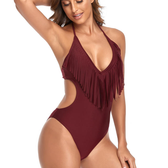 One piece solid color tassel swimsuit