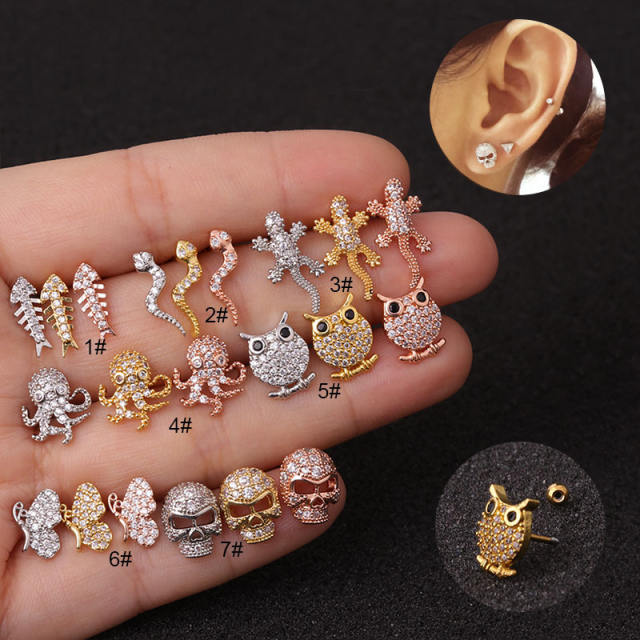 Stainless steel copper zircon animals studs cartilage earrings