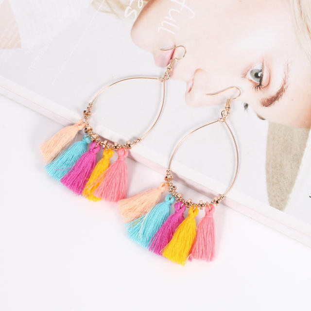 Bohemian style retro thread hoop tassel earrings