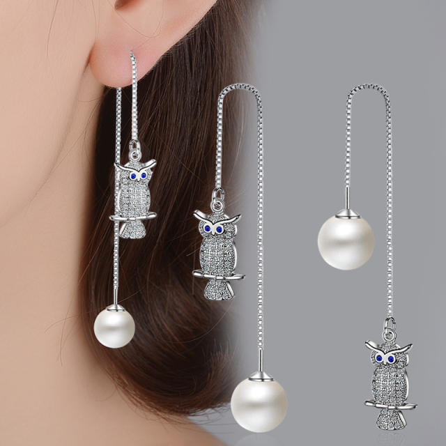 Owl Pearl cubic zirconia diamond threader earrings