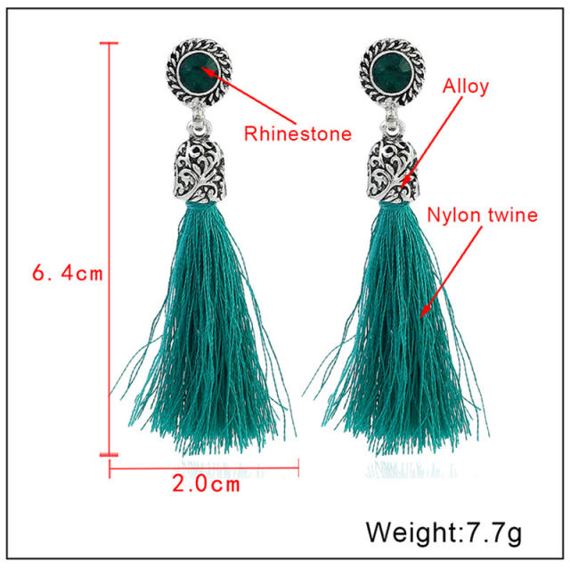 Rhinestone metal thread tassel earrings