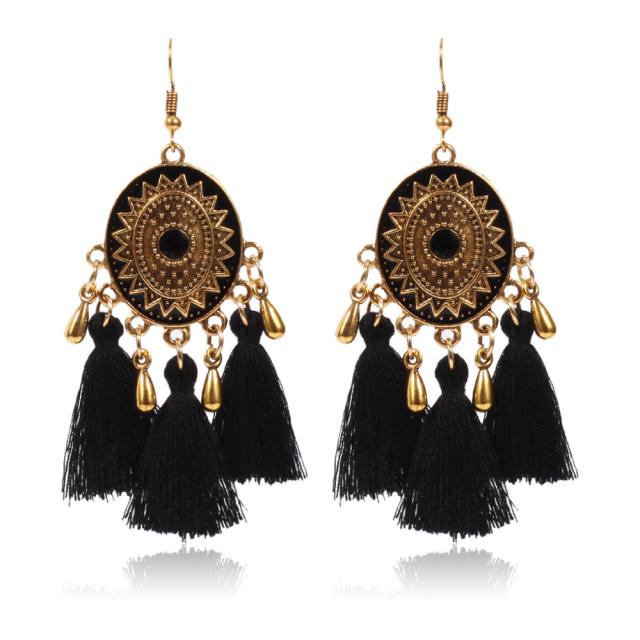 Retro thread hoop tassel earrings