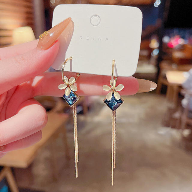 925 silver needle opal flower zircon tassel earrings