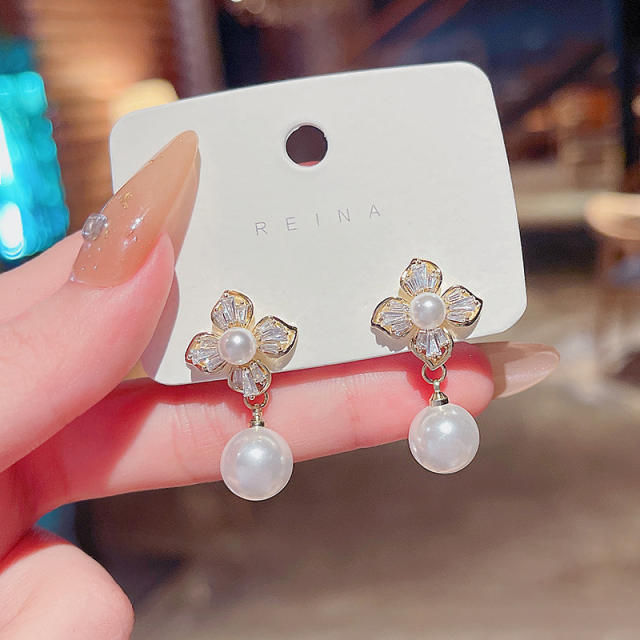 925 silver needle zircon flower pearl dangling earrings