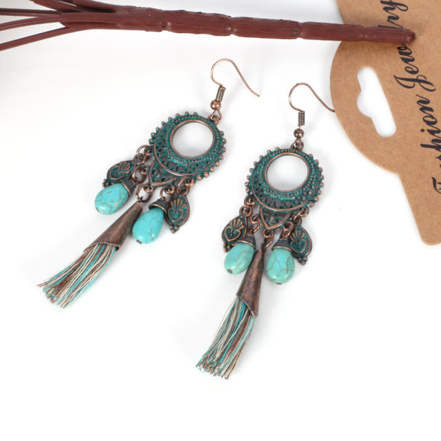 Retro turquoise thread tassel earrings