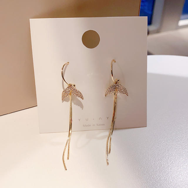 925 silver needle zircon fish tail tassel earrings