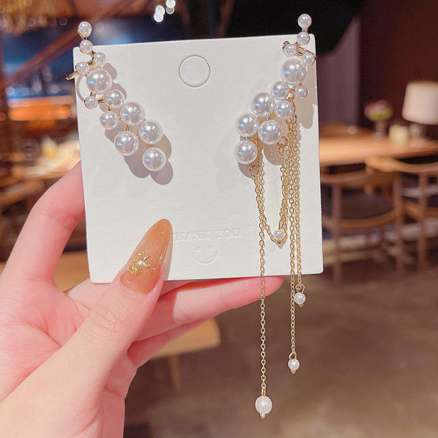 925 silver needle irregular pearl chain tassel earrings
