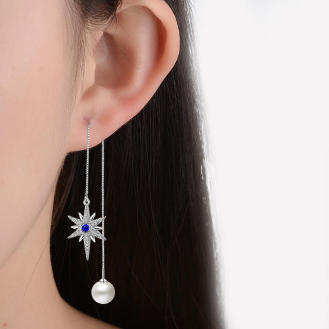 Pearl star cubic zirconia diamond threader earrings