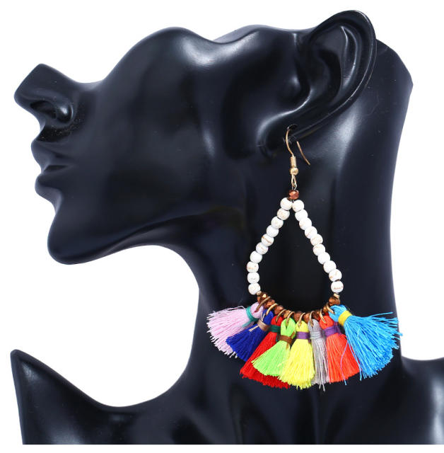 Seed bead thread hoop tassel earrings