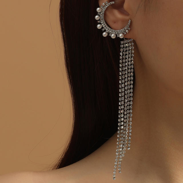 pearl chain diamond-studded tassel earrings