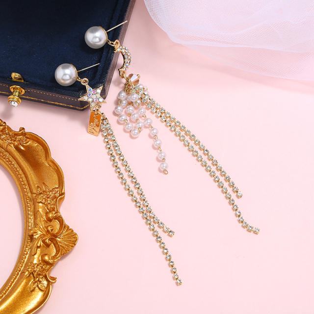 Pearl Rhinestone chain tassel earrings