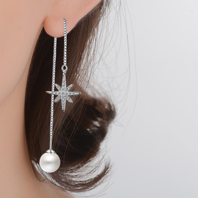 Cubic zirconia star Pearl diamond threader earrings